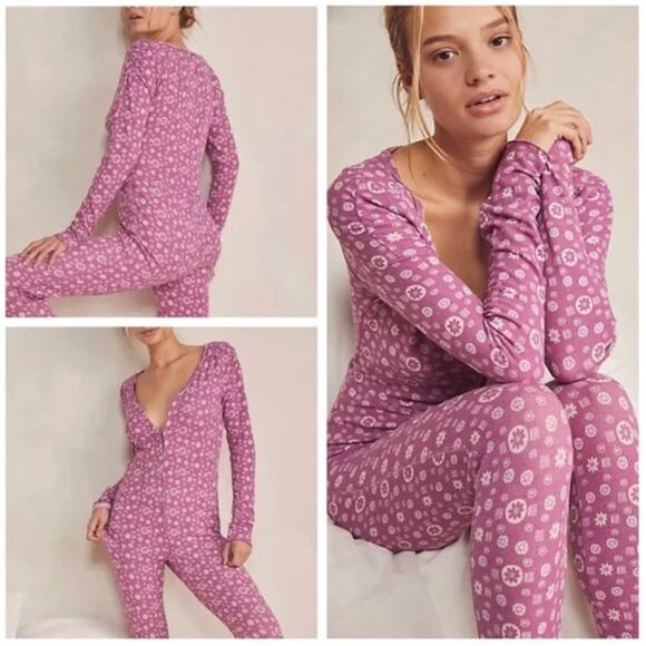 Free People Home Alone Long Johns Womens L Pink Sweet Combo Pajamas Cottagecore - Picture 2 of 16
